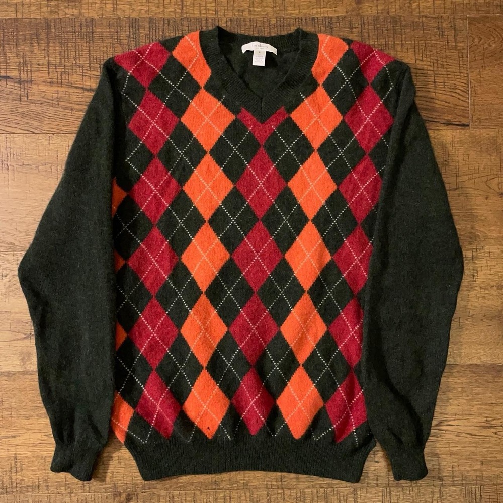 Turnbury Argyle V-Neck Sweater Womens L Green Red Preppy Wool Knitwear